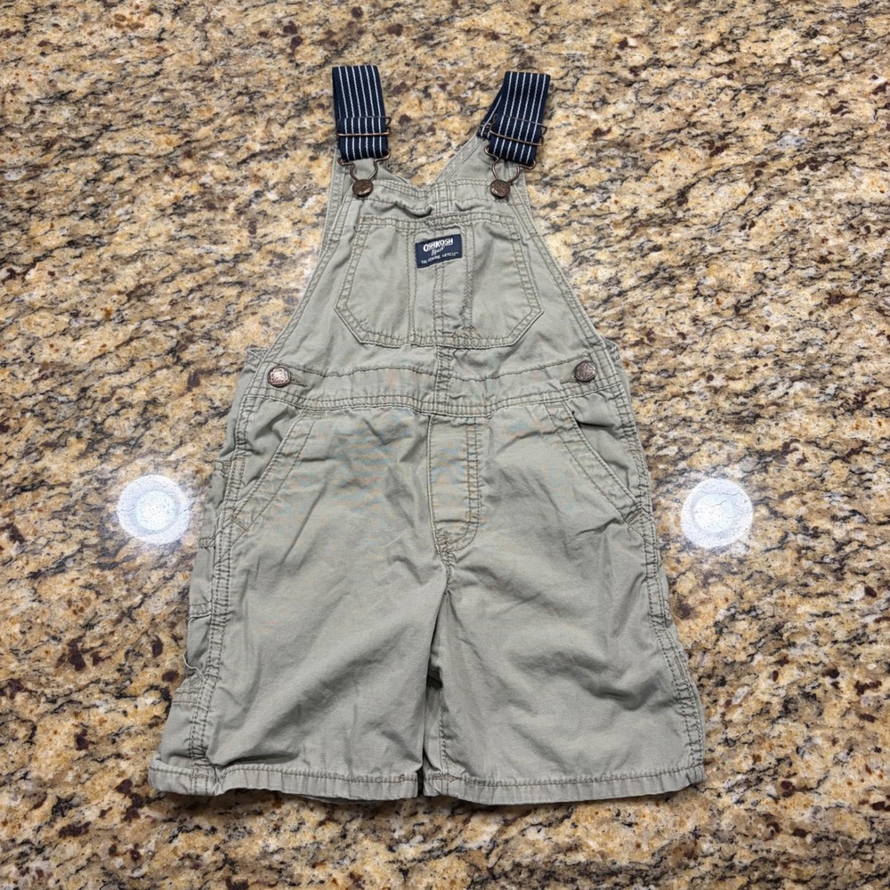 OshKosh Bgosh Kids Olive Green Canvas Bib Overalls Shortalls 4T Striped Straps